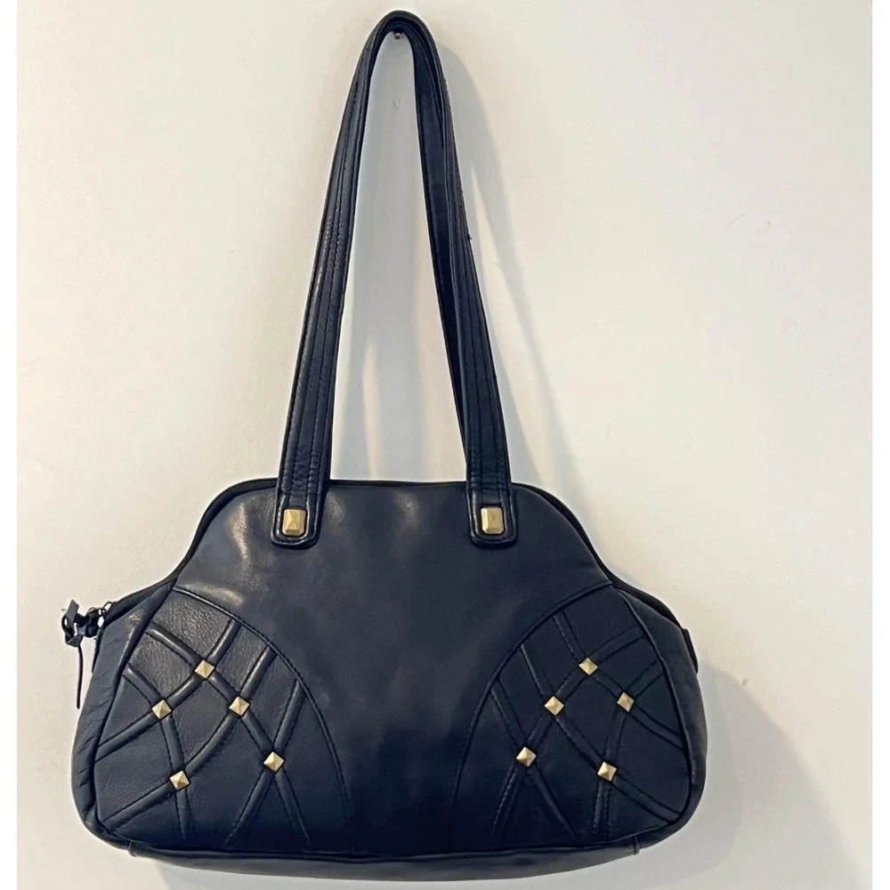 Stone Mountain Shoulder Bag Womens Medium Black Leather Studded Gold Hardware